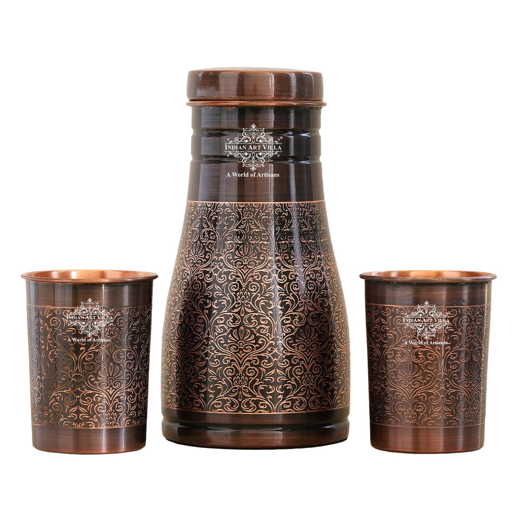 Indian Art Villa Copper Bedroom Antique Dark Finished Bottle with 2 Copper Glass, Embossed Design gift set