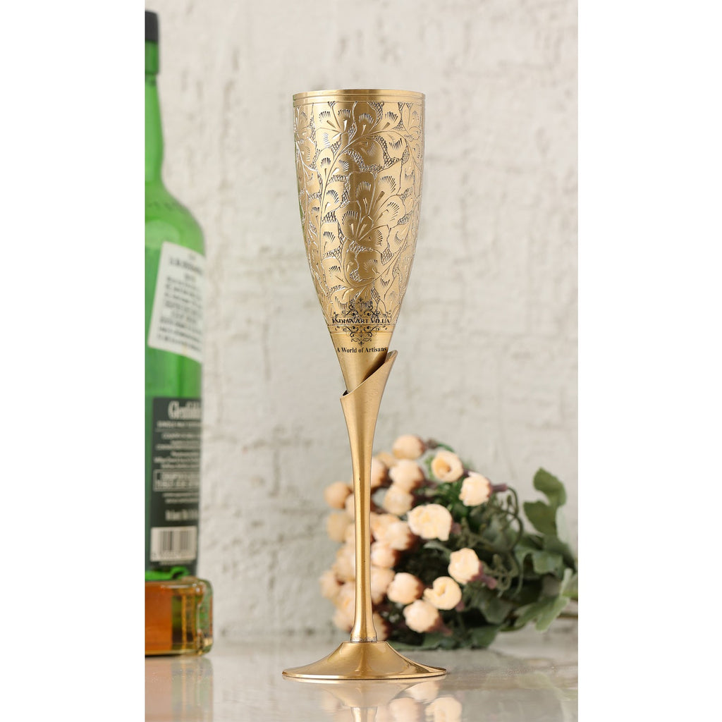 IndianArtVilla Handcrafted Pure Brass Embossed Design Flute Champagne Glass, Barware, Drinkware, Volume- 170 ML