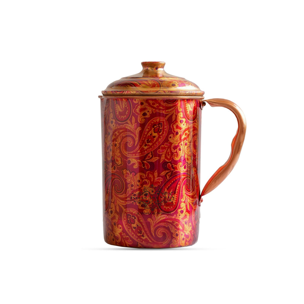 IndianArtVilla Handmade Pure Copper Jug With Red Floral Abstract Print Design, Volume-2000 ML