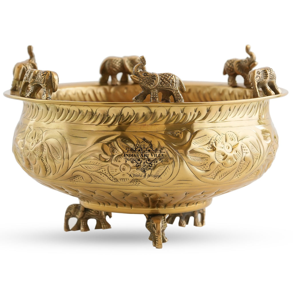 IndianArtVilla Pure Brass Embossed Design Urli with Elephant Statue, Antique Brassware, Home Décorative Item