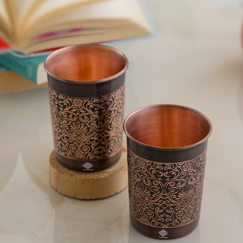 Indian Art Villa Handcrafted Pure Copper Glass, Dark Embossed Design, Drinkware, Serveware