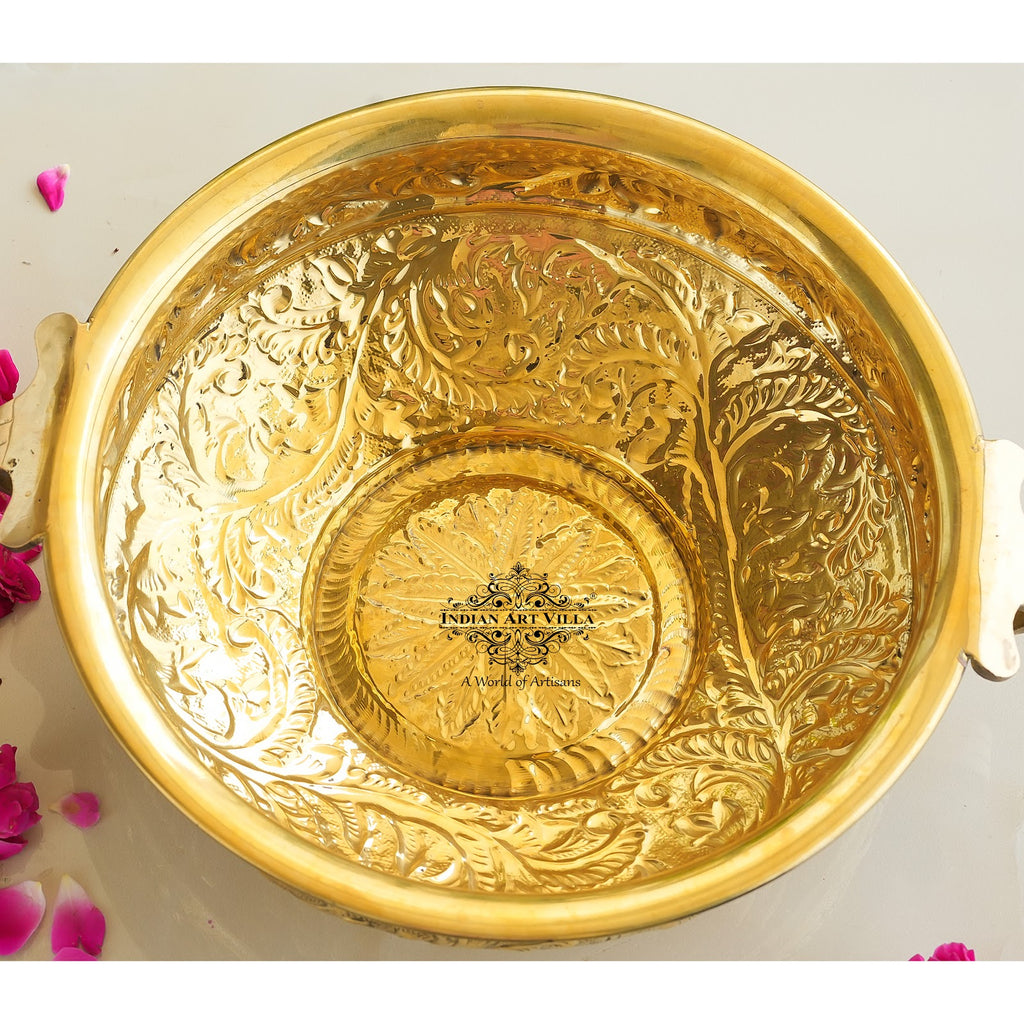 IndianArtVilla Handmade Pure Brass Embossed Design Urli 30.48 cm, Home Decorative Urli Bowl, 5Ltr.