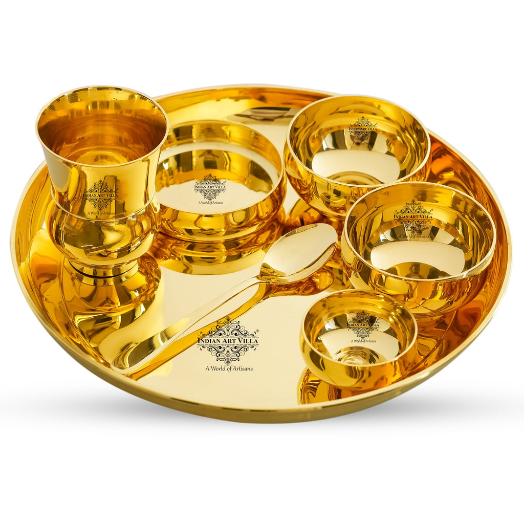 Indian Art Villa Pure Brass Dinner Set Shine FInish Design Set of 7 Piece, 30.48 cm thali