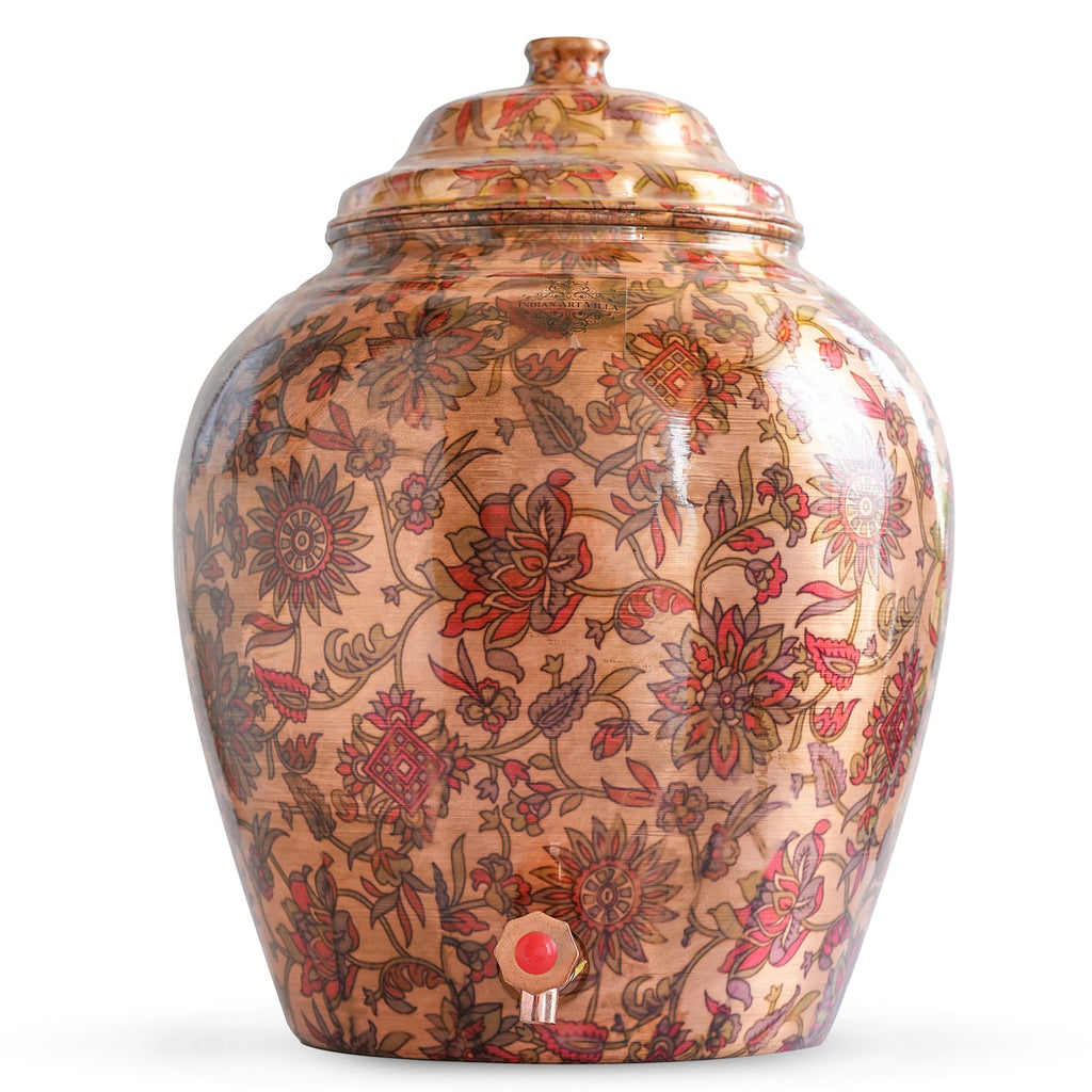 IndianArtVilla Pure Copper Water Pot | Dispenser | Matka with Printed Flower & Leaf Design, 13 Ltr.