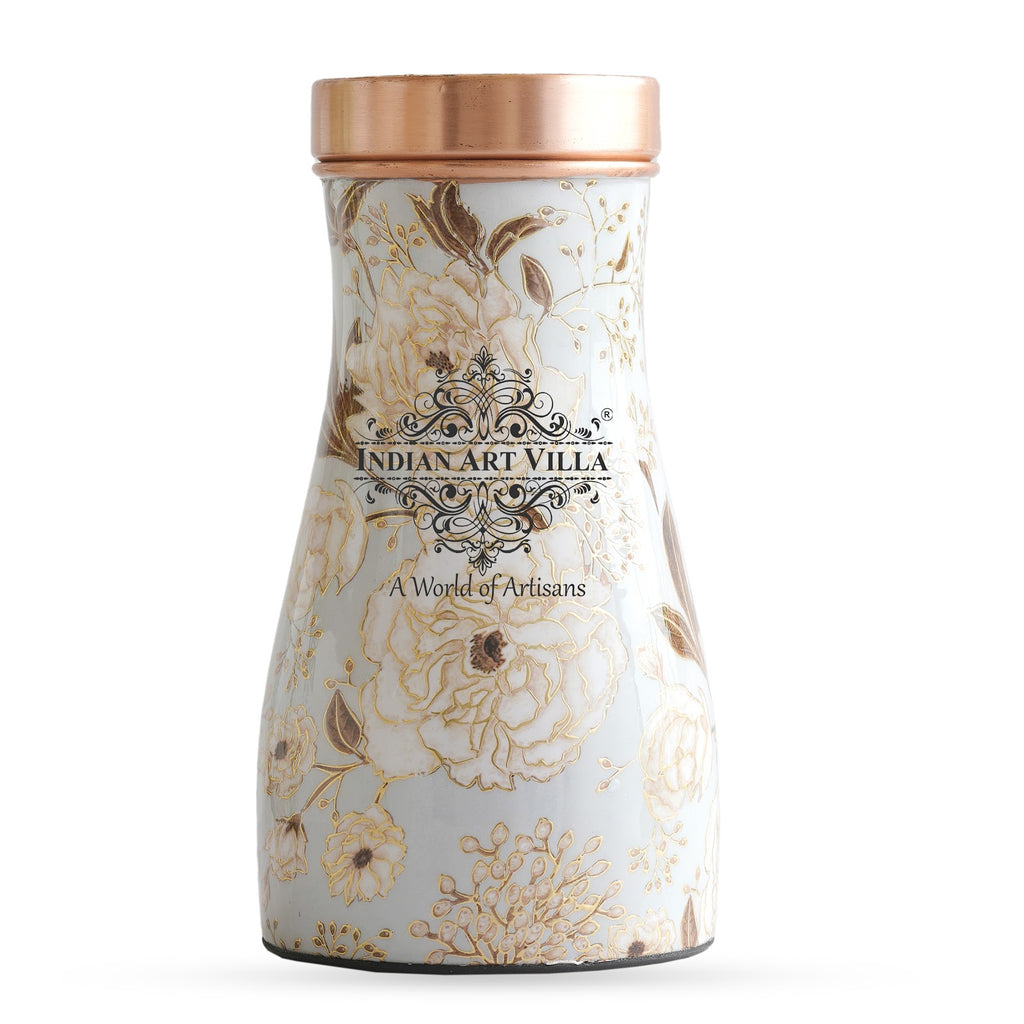 Indian Art Villa Pure Copper Gold Flower Print Bedroom Bottle, Good For Health, Ayuvreda Drinkware 850ml