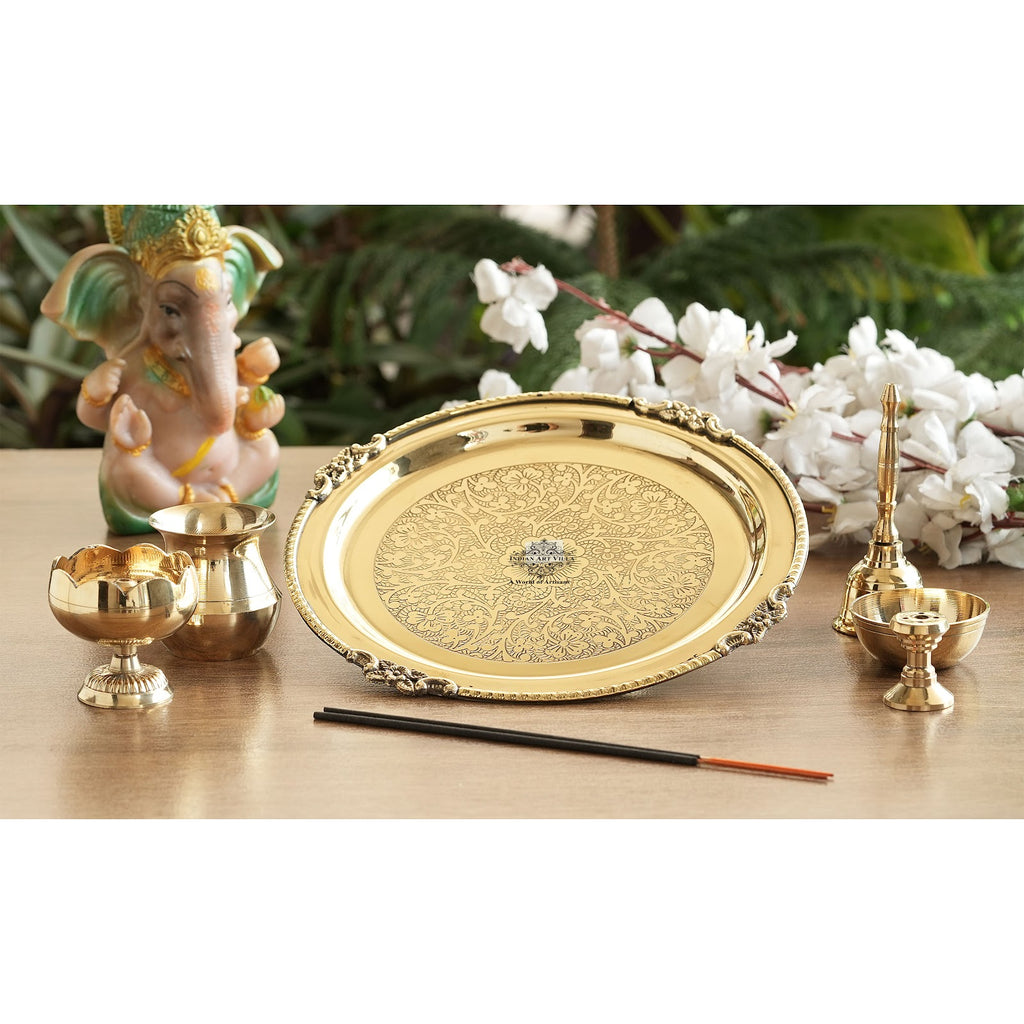 IndianArtVilla Pure Brass Embossed Puja Thali Set, 6 Pieces Set, 20.32 cm, Poojan Purpose, Spiritual Gift Item