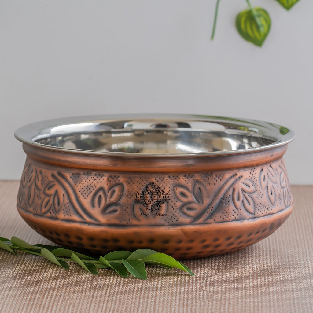 IndianArtVilla, Pure  Steel Copper Embossed Design Serving Handi/Bowl/Casserole, Ideal for Home & Restaurant Tableware and Serveware