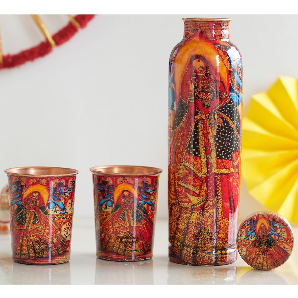 Indian Art Villa, Pure Copper Bottle & Two Glass Set With historical Rajasthani Meena "Padharo Mhare Desh"  Printed Theme