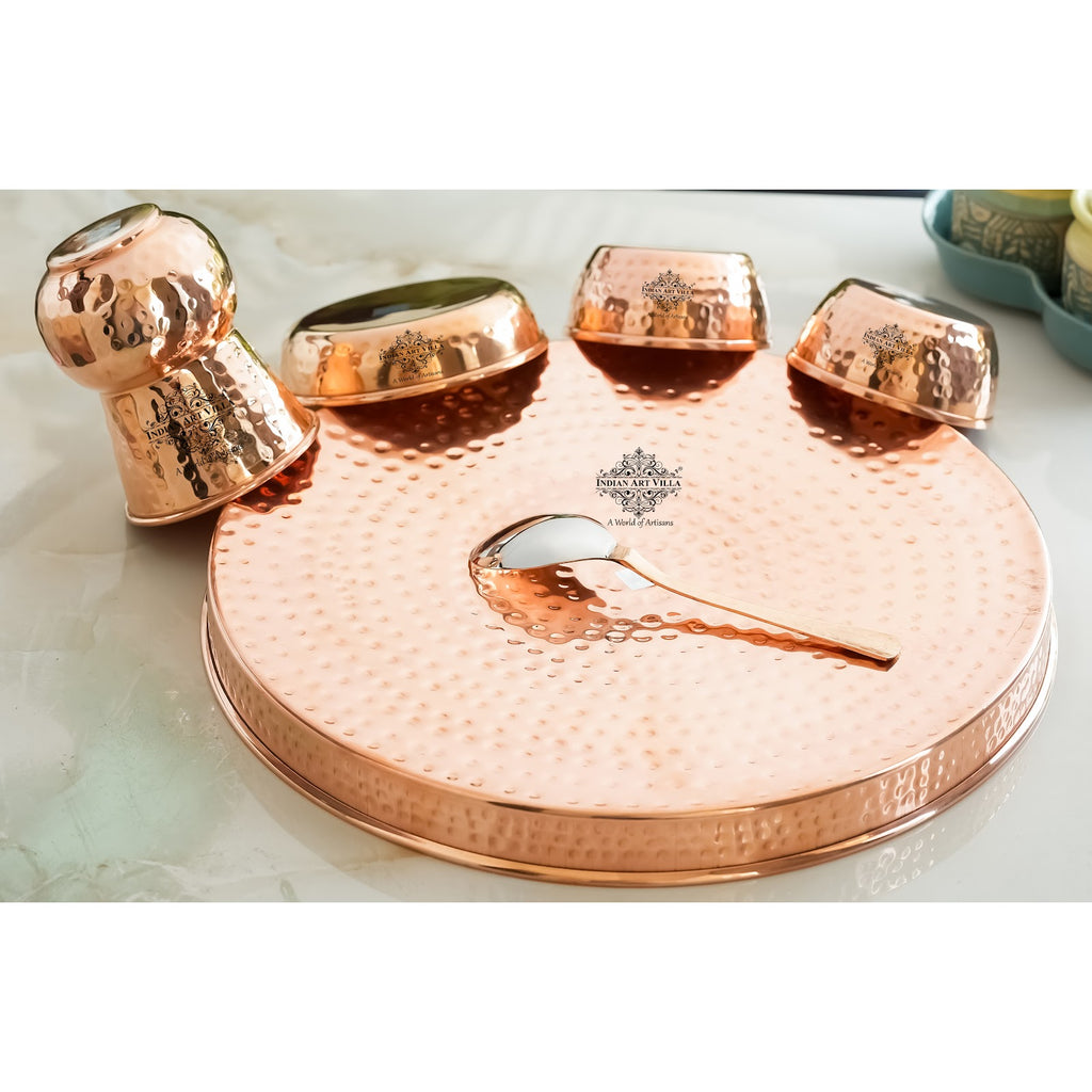 IndianArtVilla Pure Copper Hammered  Design, 6 Pieces Dinner Set, 30.48 cm Thali