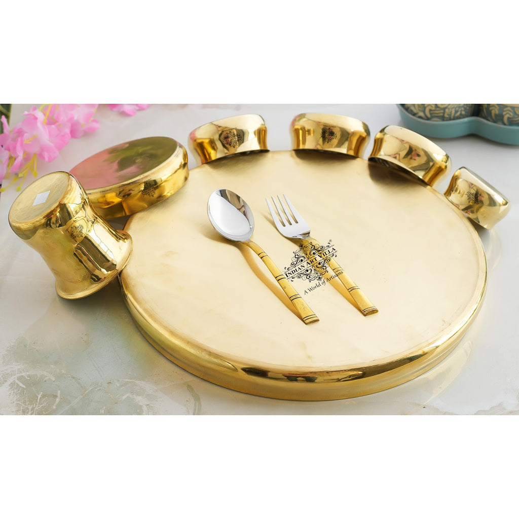 Indian Art Villa Steel Brass Curve Dinner / Thali Set, Cruve Plain Shine Finish Design, 9 Pieces Set