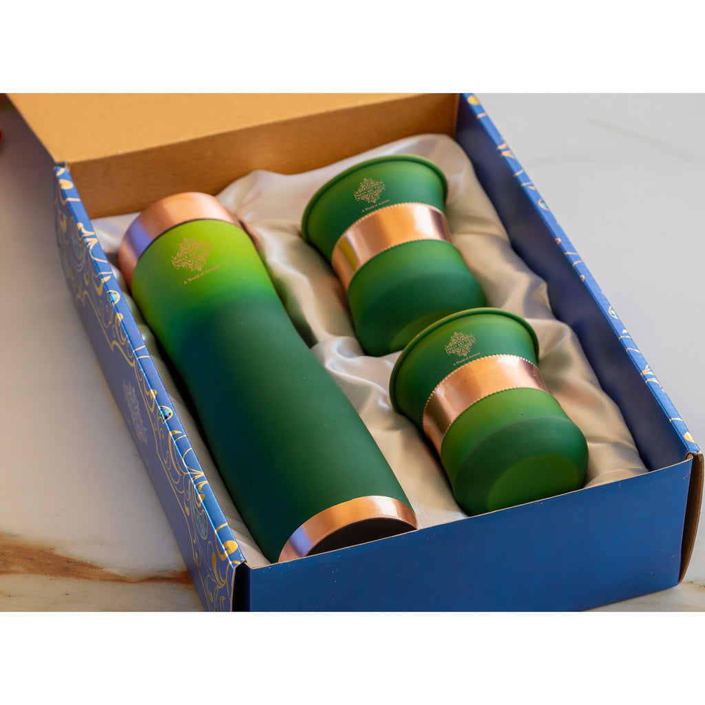 Indian Art Villa Green Shaded Silk Finish Copper Bottle & 2 Glass  | Gift Set  | Style Meets Wellness | Bottle-950 Ml, Glass-320 Ml