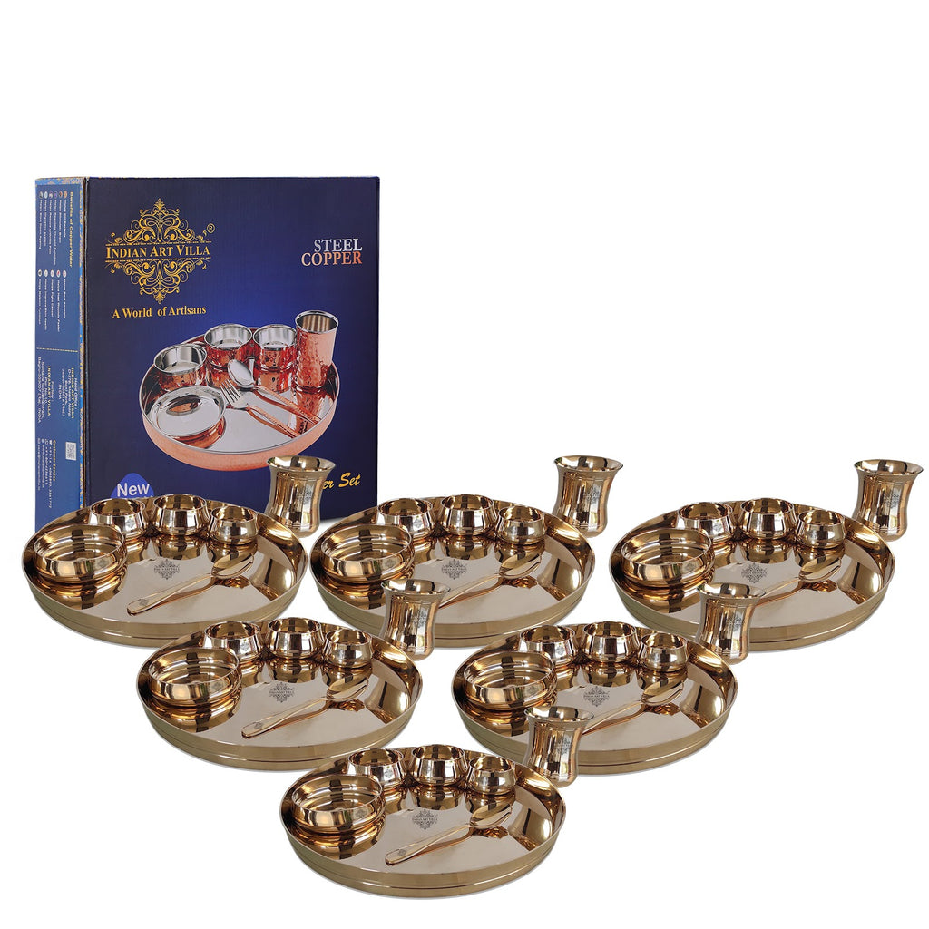 Indian Art Villa,  Handcrafted Pure Bronze Curve Shaped 7 Pieces Dinner Set | Thali Set with  Mirror Shine Finish