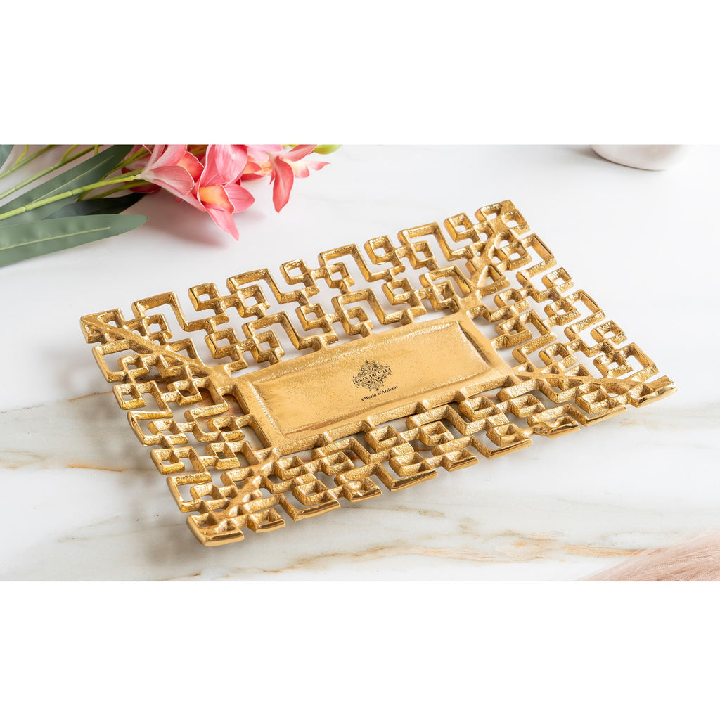 Indian Art Villa Gold Finish Antique Lacquer Matte Square Decorative Item Design Tray, Elegant For Home Decor