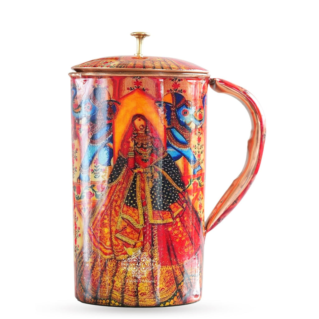 Indian Art Villa, Rajasthani Meena "Padharo Mhare Desh" Printed theme Copper Jug & Glass Gif Set, Ayuvedic Drinkware