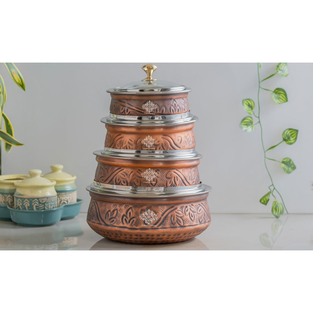 Indian Art Villa Premium Steel Copper Handi with Antique Finish, Intricate Embossed Design, and Glass Lid - Perfect for Serveware And Tableware.