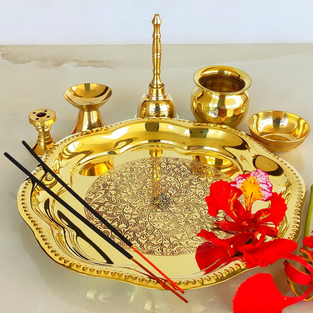 Indian Art Villa Brass Floral Embossed Design 6 Pieces Pooja Thali Set, Religious Spiritual Item, Home Temple, Width-20.83 cm