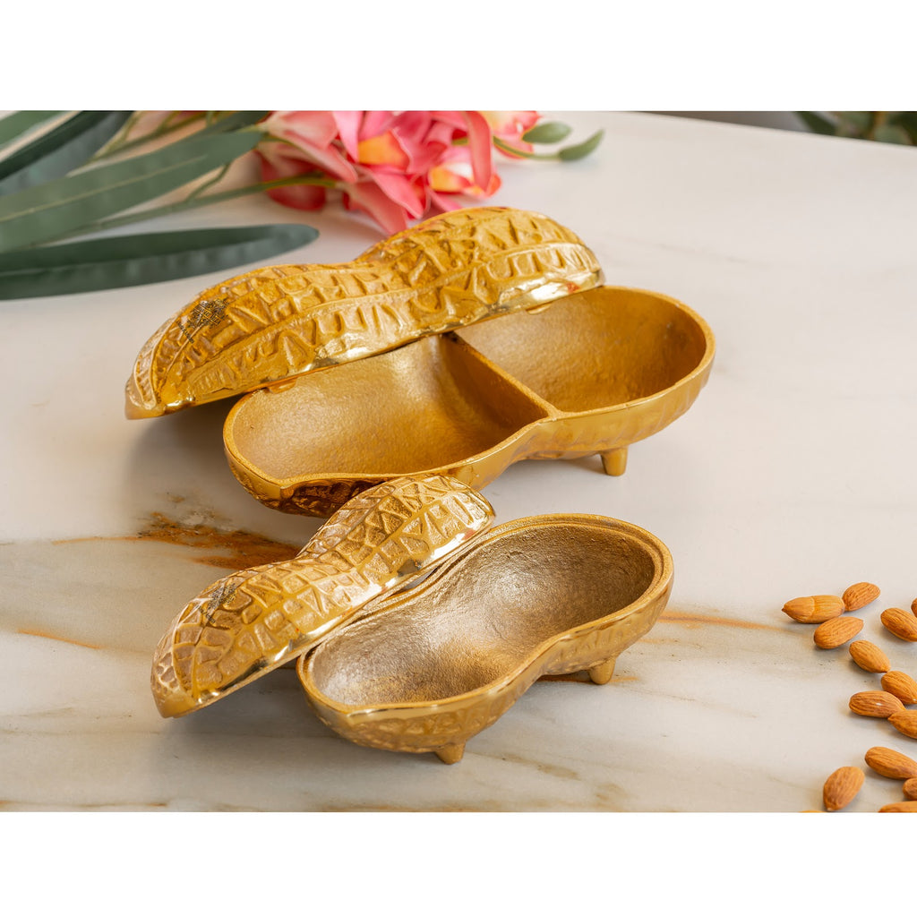 Indian Art Villa Gold Finish Peanut Design Decorative Box– 3x7 Inches, Unique Storage for Dry Fruits