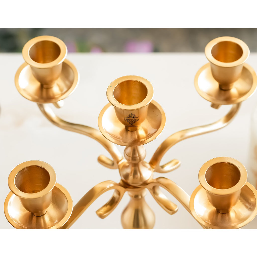 IndianArtVilla Pure Brass 5-Candle Arms Candelabra Centerpiece Candle Stand Home Decoration, Brass Lamp