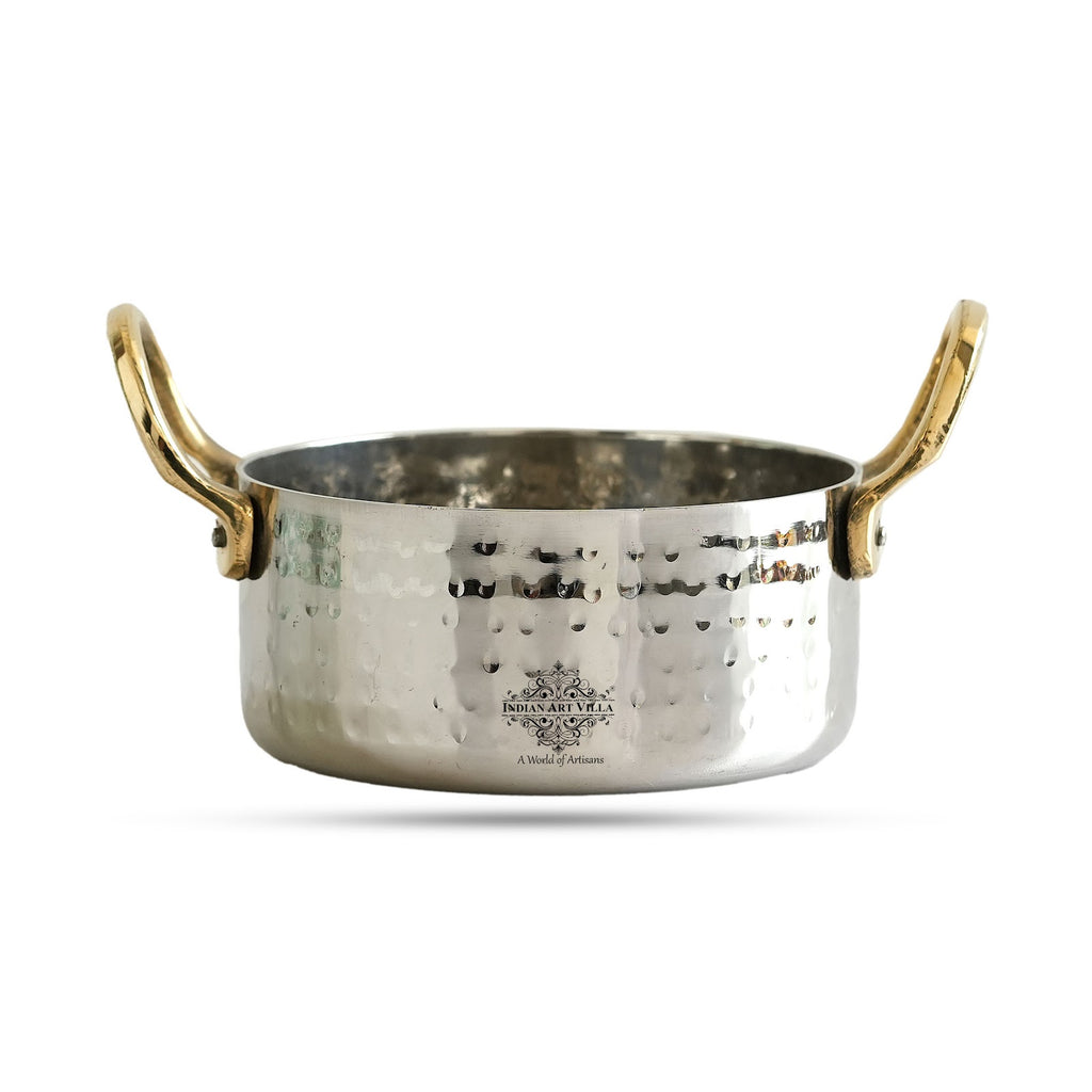 Indian Art Villa Stainless Steel Serving Bowl with Brass Handles, Hammered Design, Ideal Small Serving Bowl for Curry, Dal and Sides – Elegant Tableware for Home & Restaurant Use