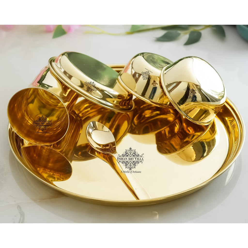 IndianArtVilla Brass Gold Shine Finish Design Thali Set | Dinner Set, Lead Free, Light weight, 6 Piece