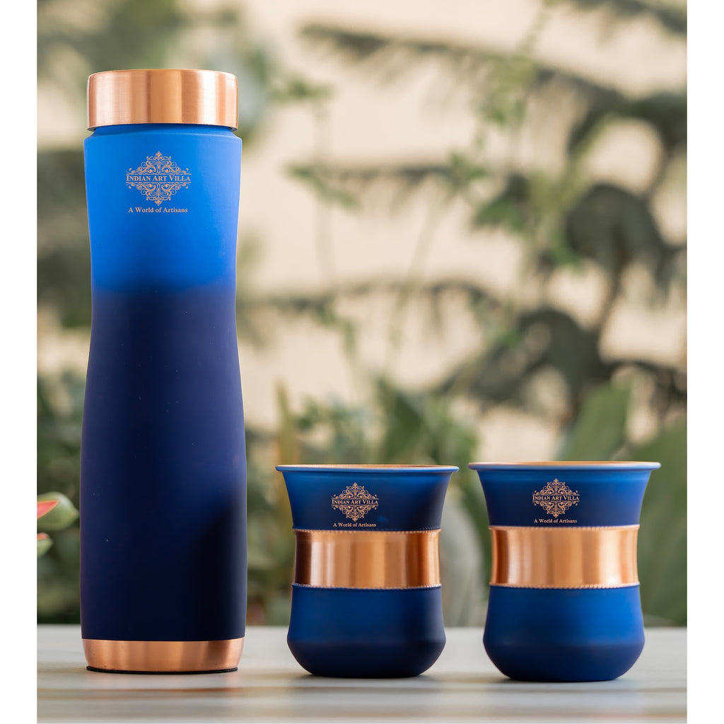 Indian Art Villa Matte Blue Ombre Copper Bottle and Glass Set with Royal Look –  Perfect for Adding a Touch of Luxury, Bottle-950 Ml, Glass-320 Ml