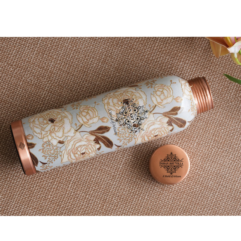 Indian Art Villa Handcrafted Pure Copper Blue & Gold Flower Print Design Water Bottle, 900 ML