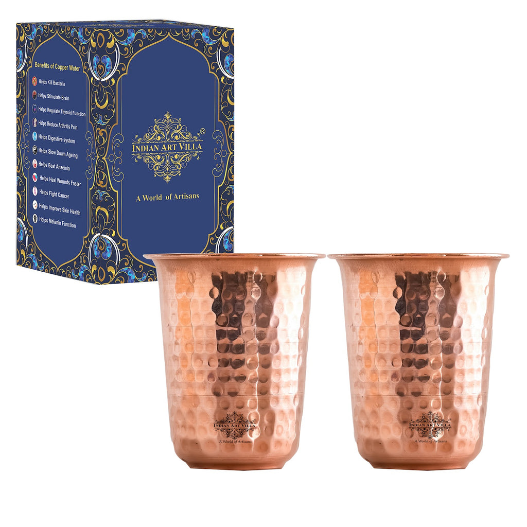 Indian Art Villa Handcrafted Pure Copper Hammered Design Glass | Goblet | Tumbler, 300ml