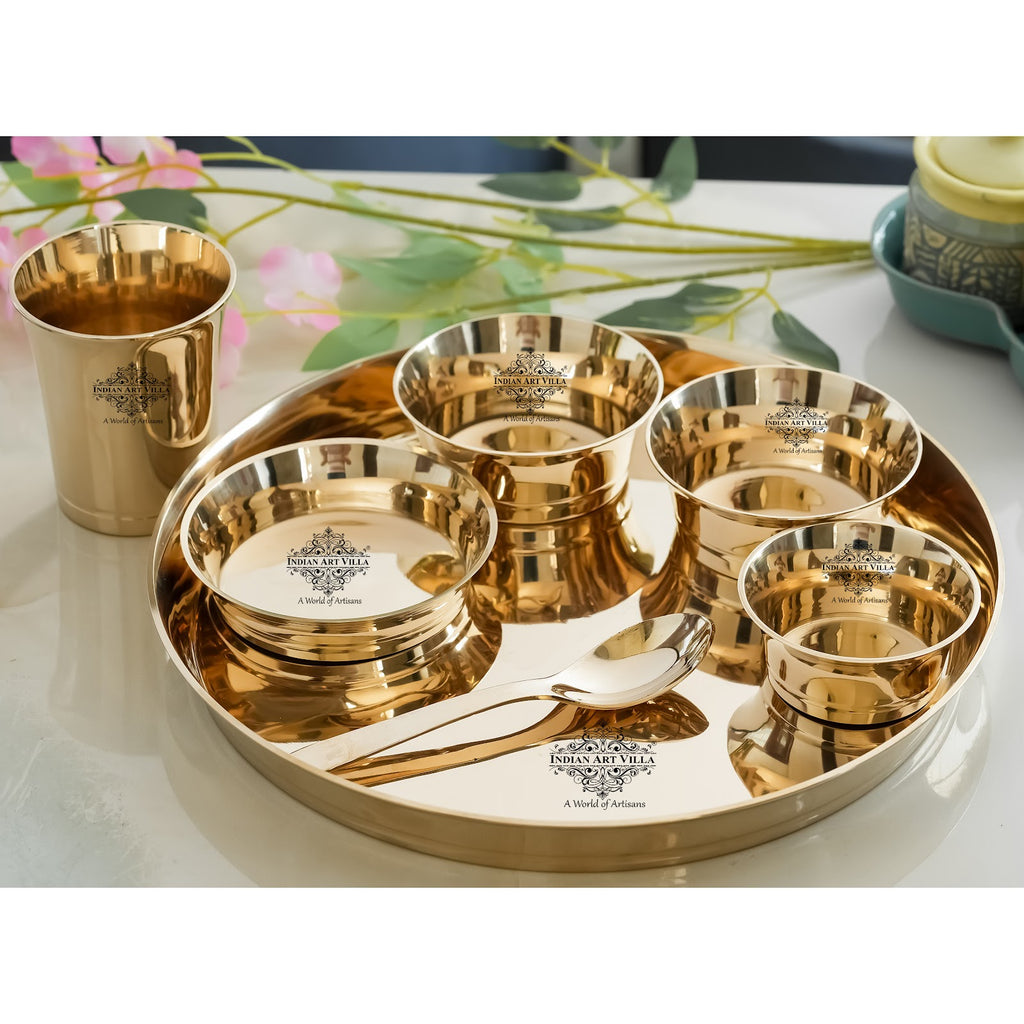 IndianArtVilla Handmade Pure Bronze Shine Finish Design Thali Set|Dinner Set, 7 Piece