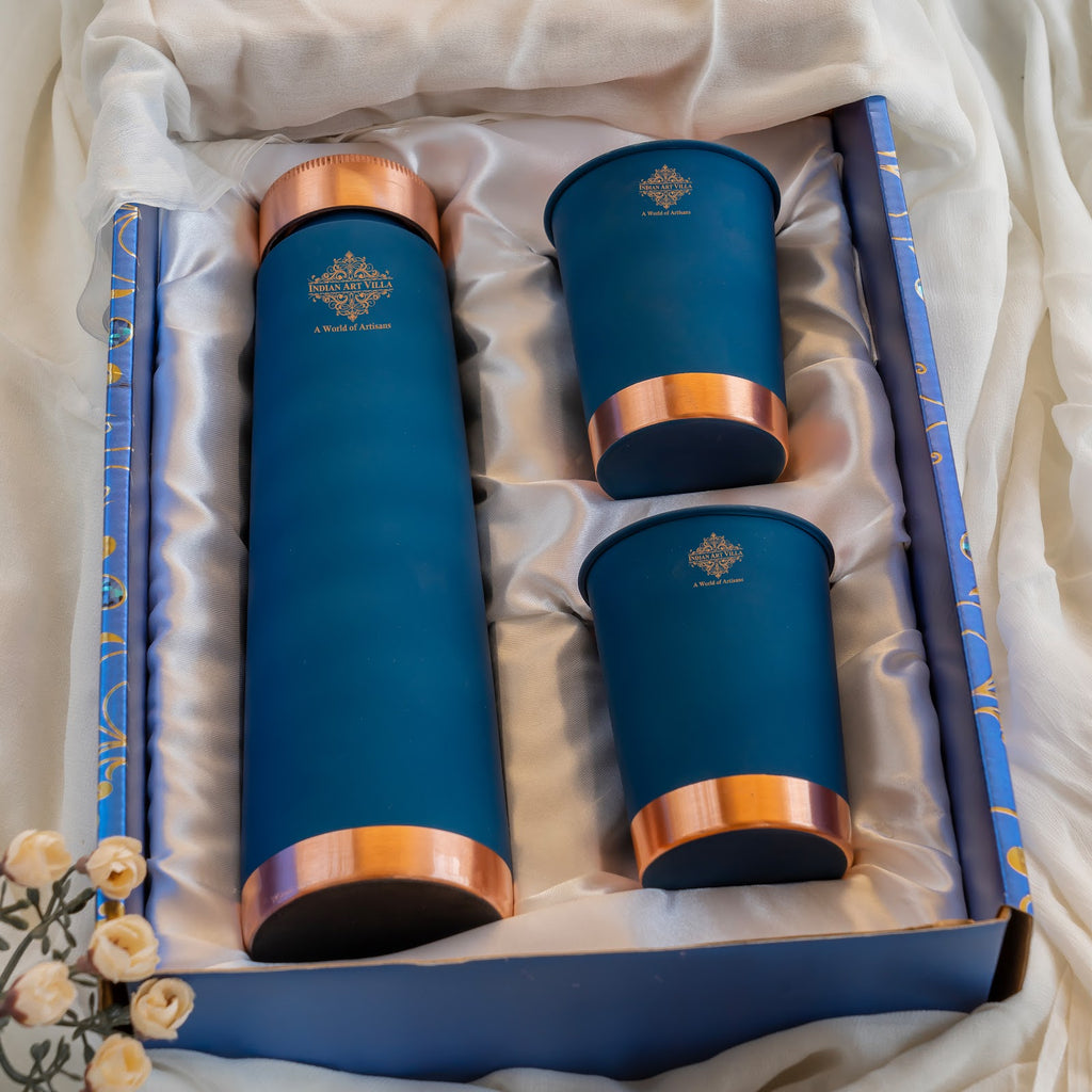 Indian Art VIlla Peacock Blue Copper Bottle With 2 Copper Glass with Gift Set, Volume Bottle-950 Ml, Glass-320 Ml