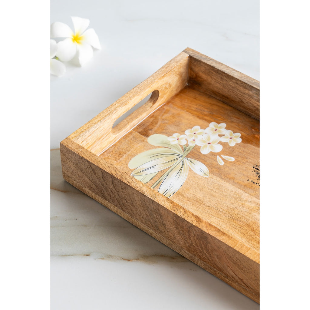 Indian Art Villa Wooden Tray with Plumeria Flower Design, Multipurpose Serving Tray for Tea, Coffee, Snacks, Home Decor, Gift Hampers