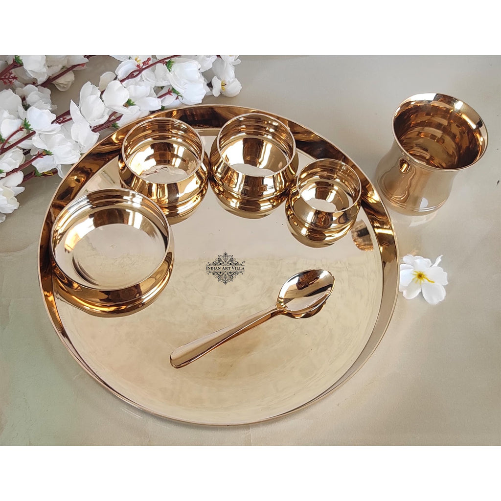 Indian Art Villa,  Handcrafted Pure Bronze Curve Shaped 7 Pieces Dinner Set | Thali Set with  Mirror Shine Finish