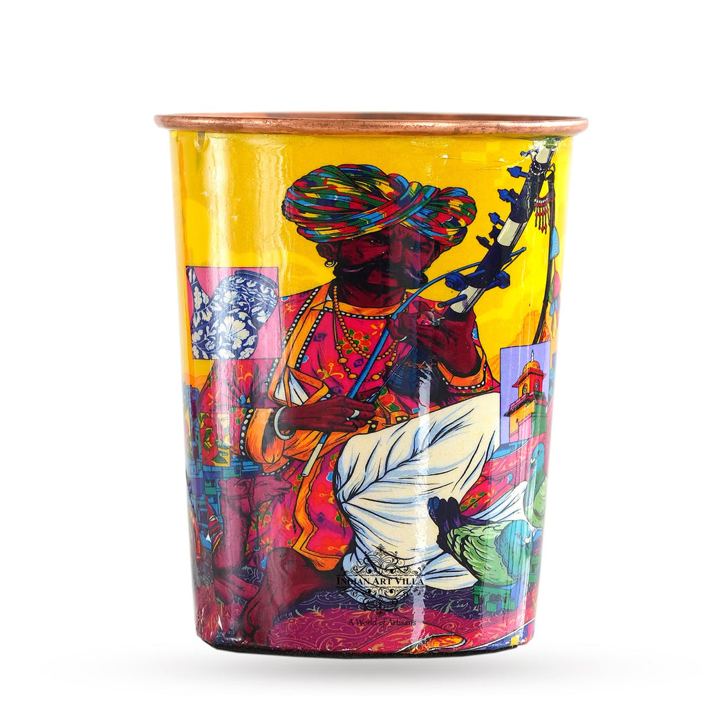 Indian Art Villa, Pure Copper Jug & Two Glass Set With historical Rajasthani Printed Theme "Padharo Mhare Desh"