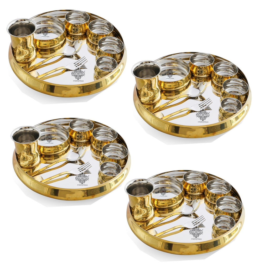 Indian Art Villa Steel Brass Curve Dinner / Thali Set, Cruve Plain Shine Finish Design, 9 Pieces Set