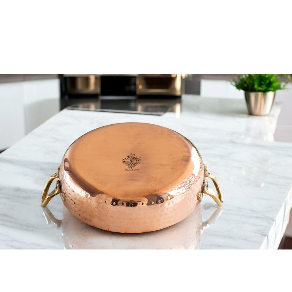 Indian Art Villa Pure Copper Round Dish, Pan Double Brass Handle With Tin Lining, Serveware & Tableware