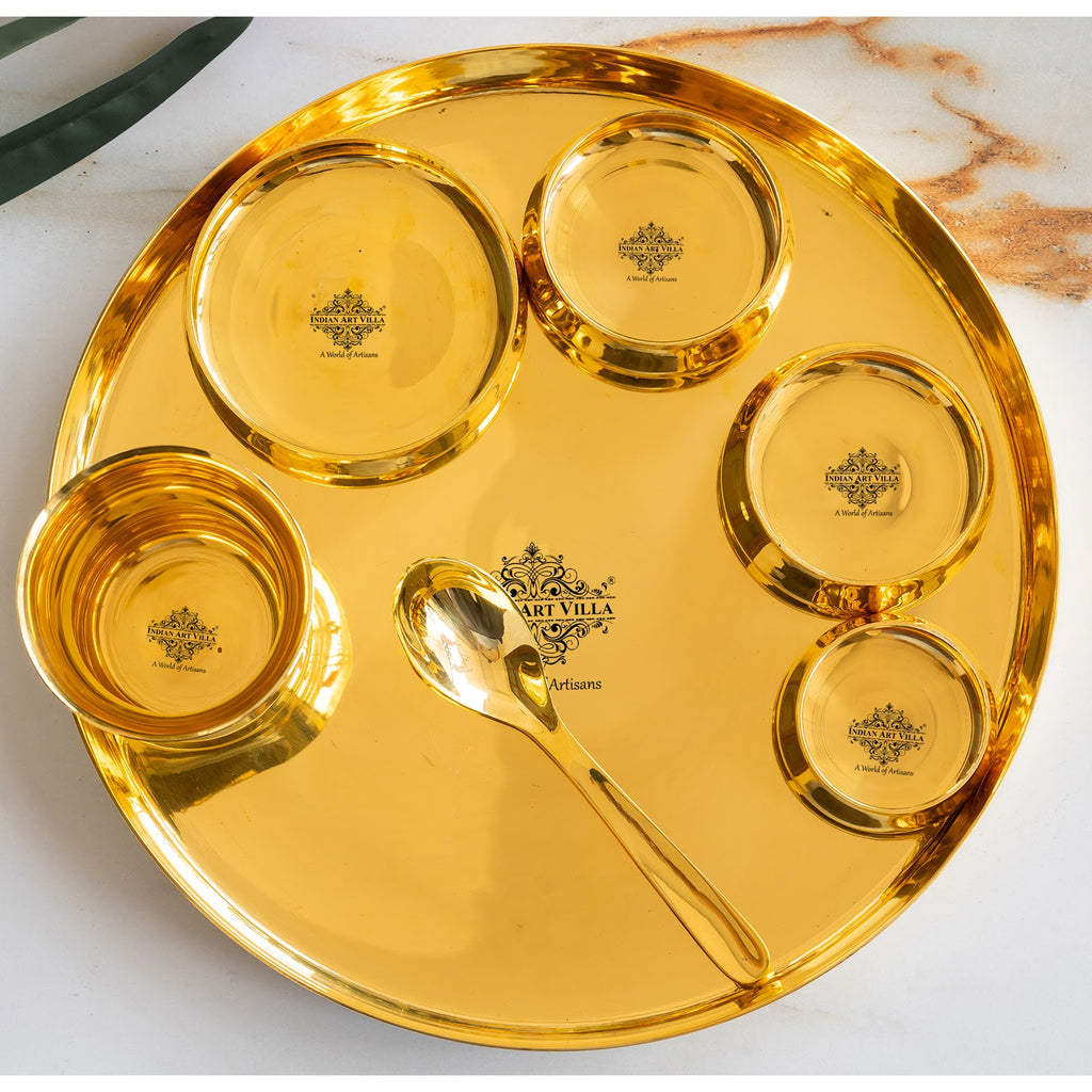 Indian Art Villa Luxurious Brass 7 Piece Dinner Set With Lead-Free Gold Finish - Elevate Your Dining with Timeless Indian Craftsmanship"