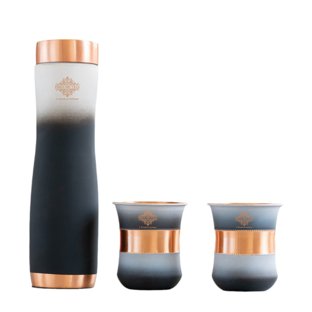 Indian Art Villa  Black Ombre & White Shaded Silk Finish Copper Bottle & 2 Glass | Gift Set | Bottle-950 Ml, Glass-320 Ml