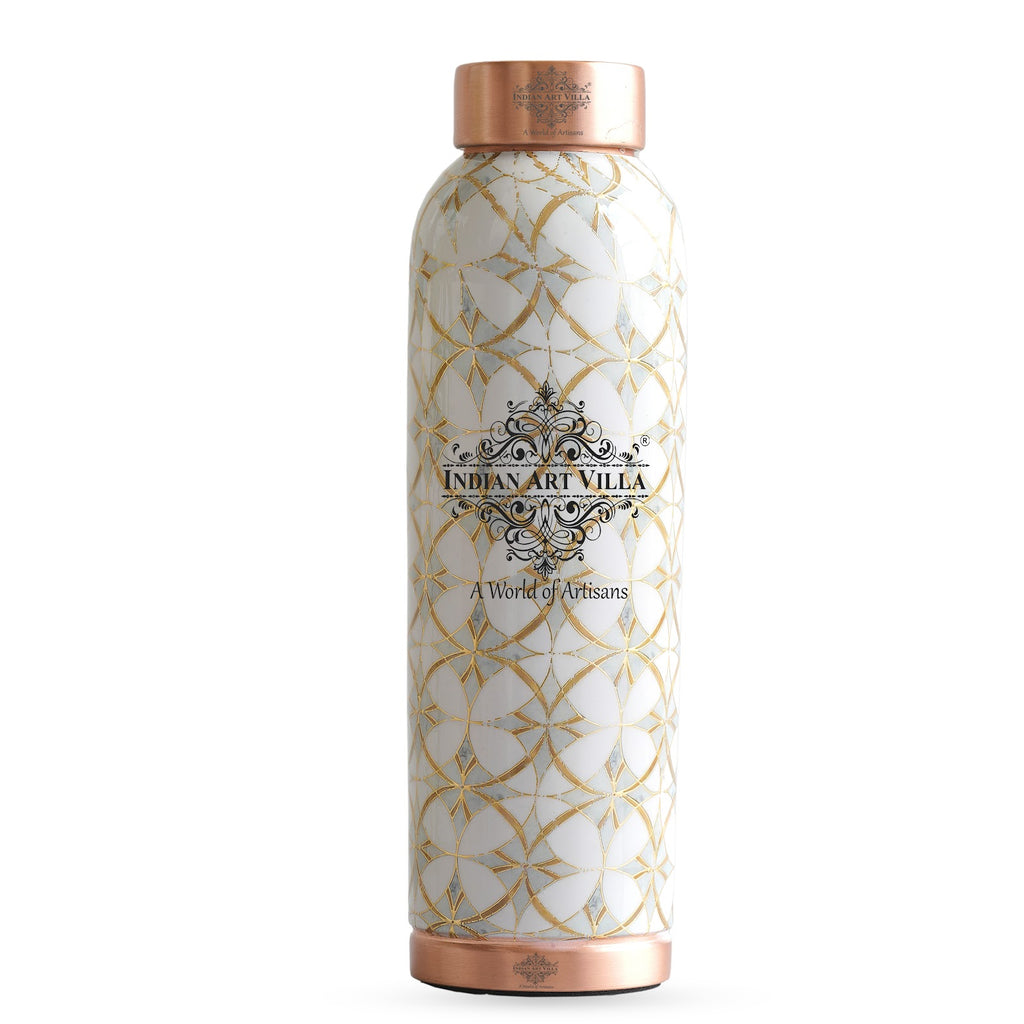 Indian Art Villa Handcrafted Pure Copper Gold Block Print Design Water Bottle, 900 ML