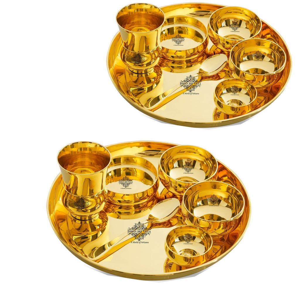 Indian Art Villa Pure Brass Dinner Set Shine FInish Design Set of 7 Piece, 30.48 cm thali