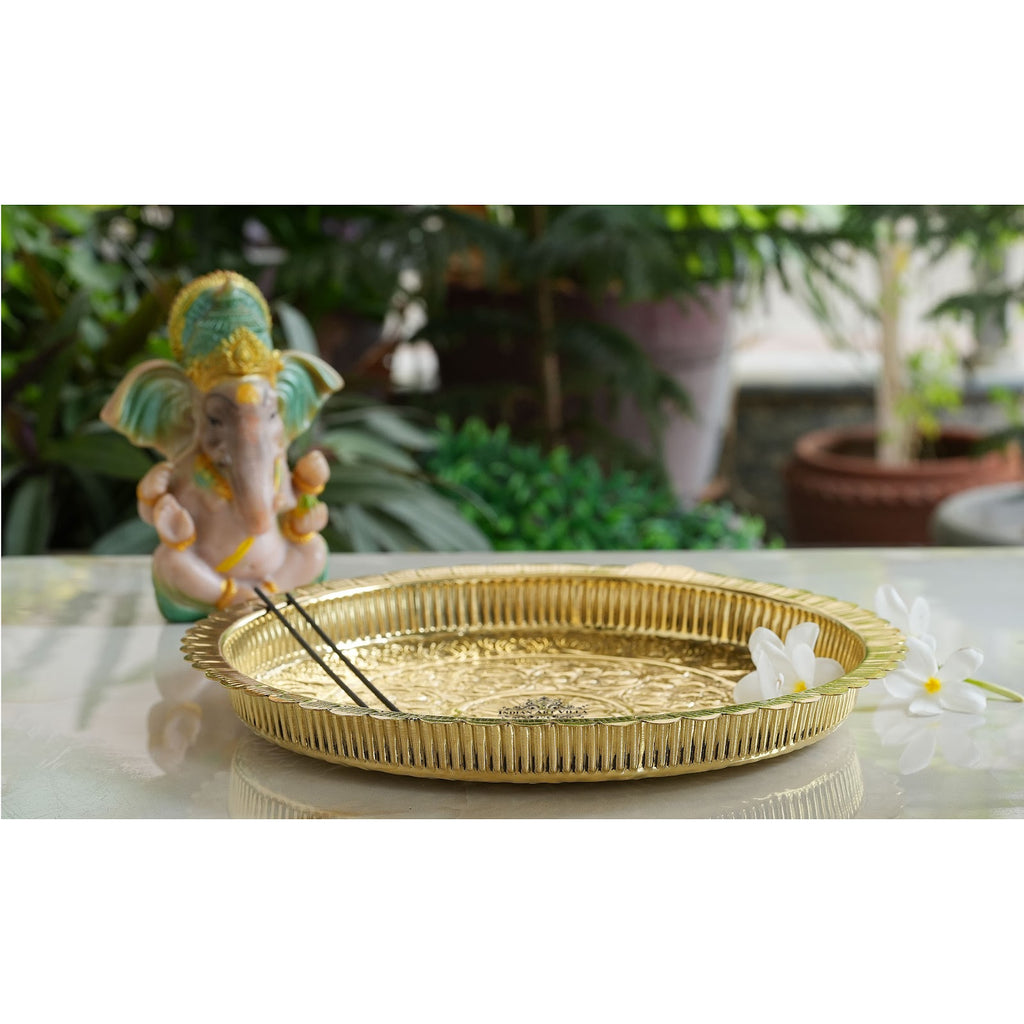 IndianArtVilla Handmade Pure Brass Flower Design Pooja Thali - 30.48 cm Dia. Spiritual Item