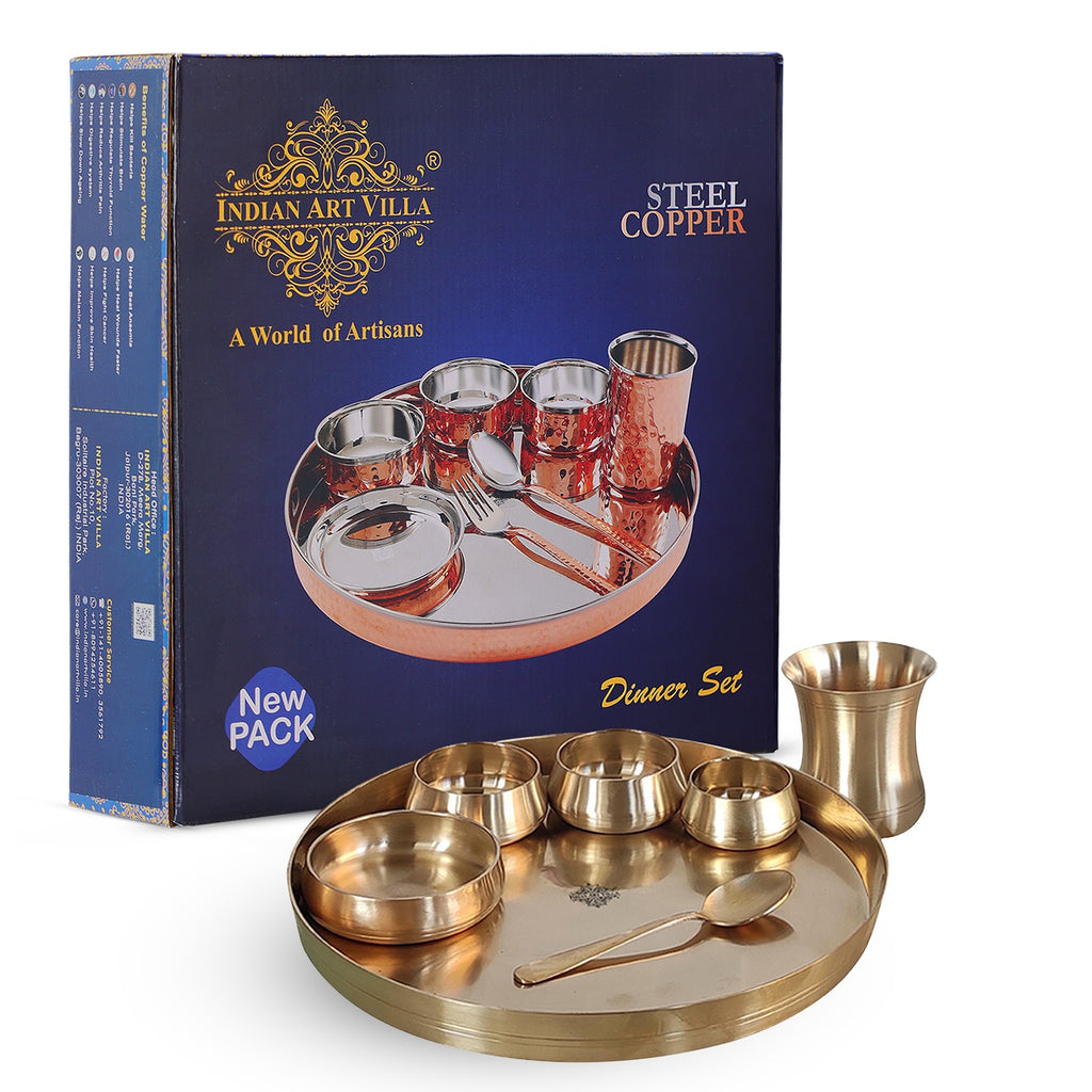 Indian Art Villa,  Handcrafted Pure Bronze Curve Shaped 7 Pieces Dinner Set | Thali Set with  Mirror Shine Finish