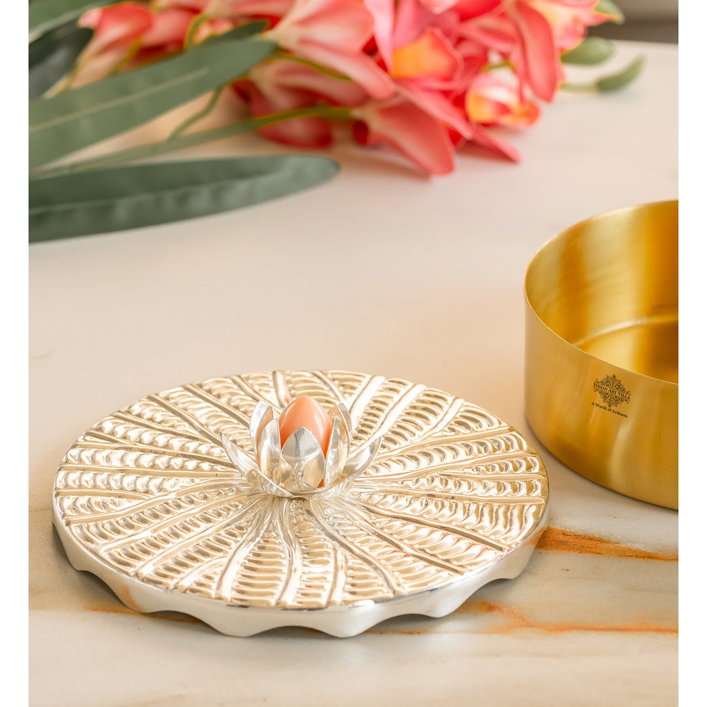 Indian Art Villa Silver-Plated Brass Decorative Multi-Purpose Gift Box, Lotus Flower Design, Elegant Silver & Gold Finish Storage Box for Dry Fruits