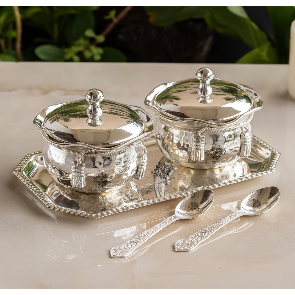 Indian Art Villa Silver-Plated Hammered Bowl with Lid & Spoon - Elegant Gift Box Set for Special Occasions