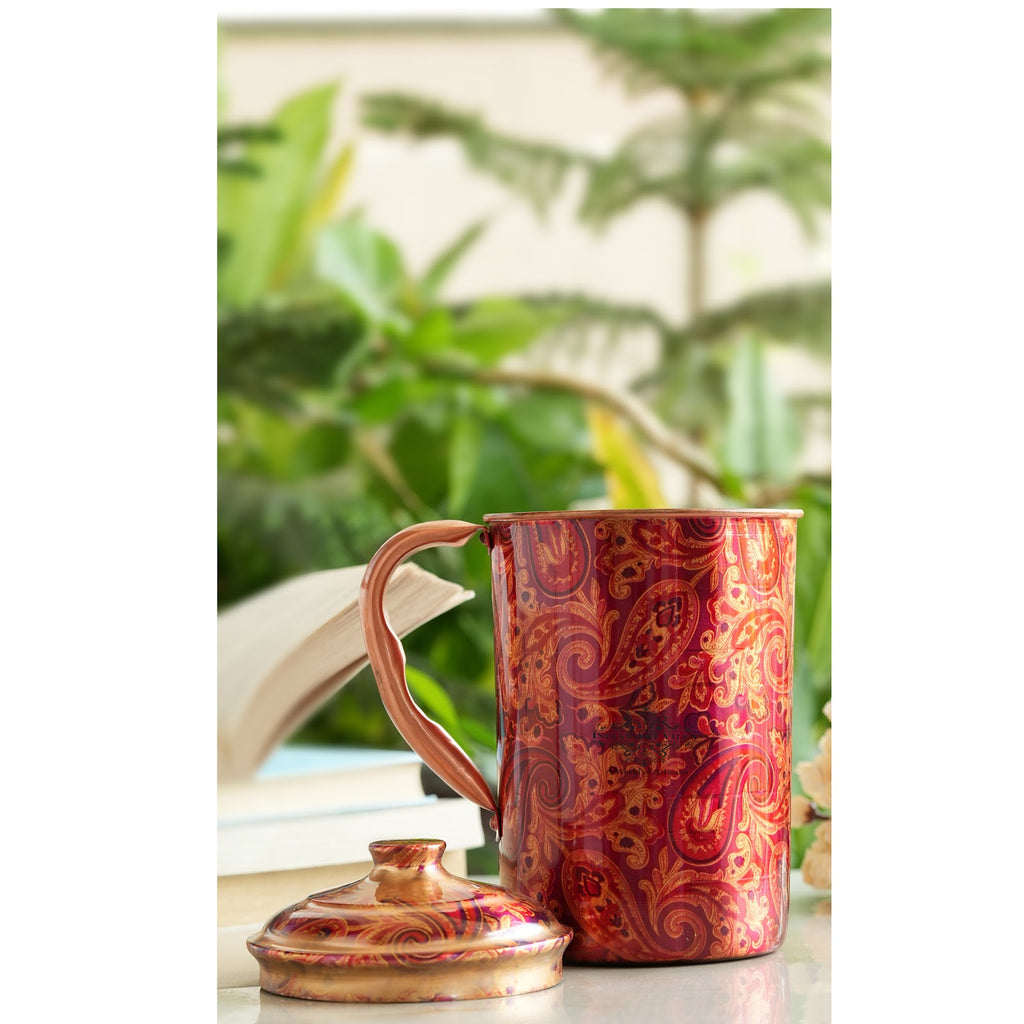 IndianArtVilla Handmade Pure Copper Jug With Red Floral Abstract Print Design, Volume-2000 ML