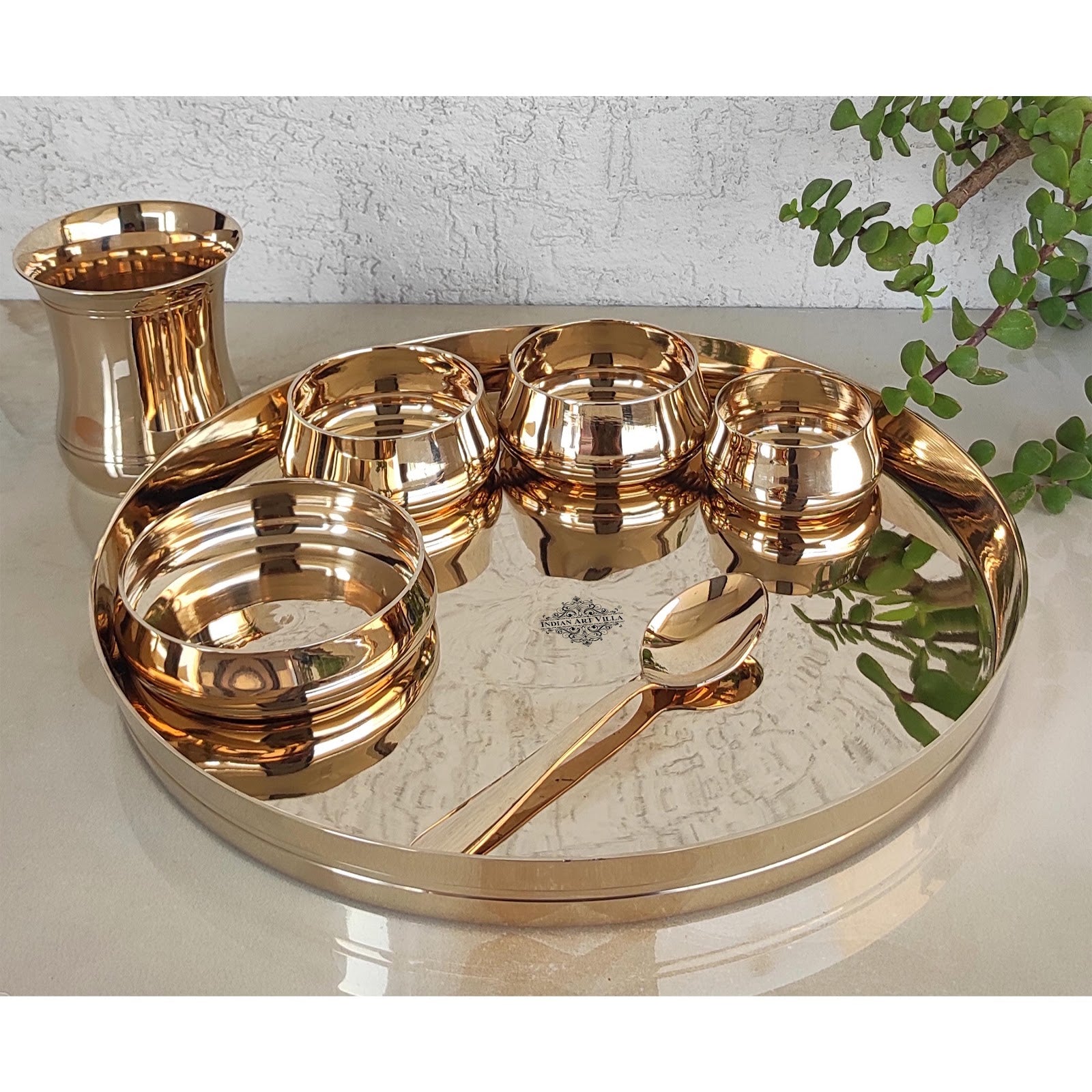 Handmade Food hot Serving Indian Handmade Kansa (Bronze) Copper Plain Dinner Set | Thali 5 pcs set Serving Utensil Pure Brass