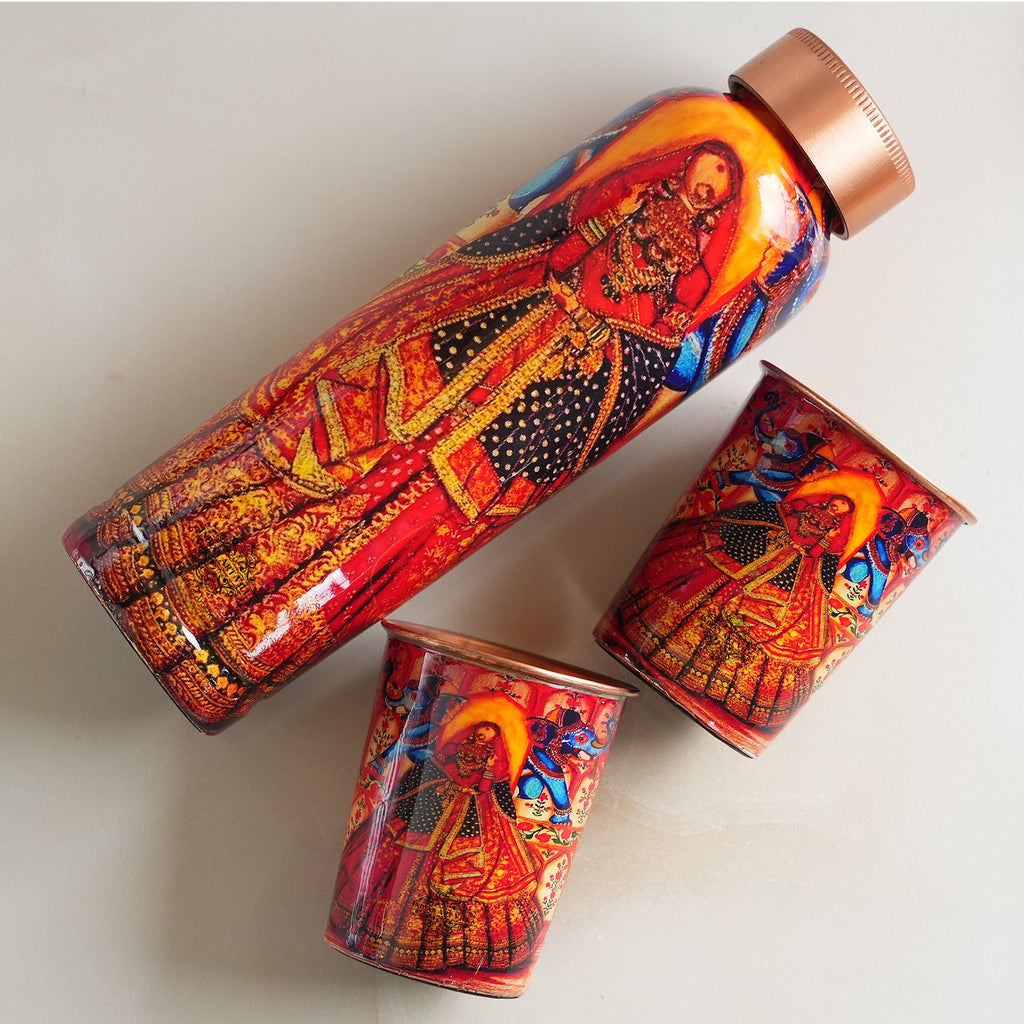 Indian Art Villa, Pure Copper Bottle & Two Glass Set With historical Rajasthani Meena "Padharo Mhare Desh"  Printed Theme