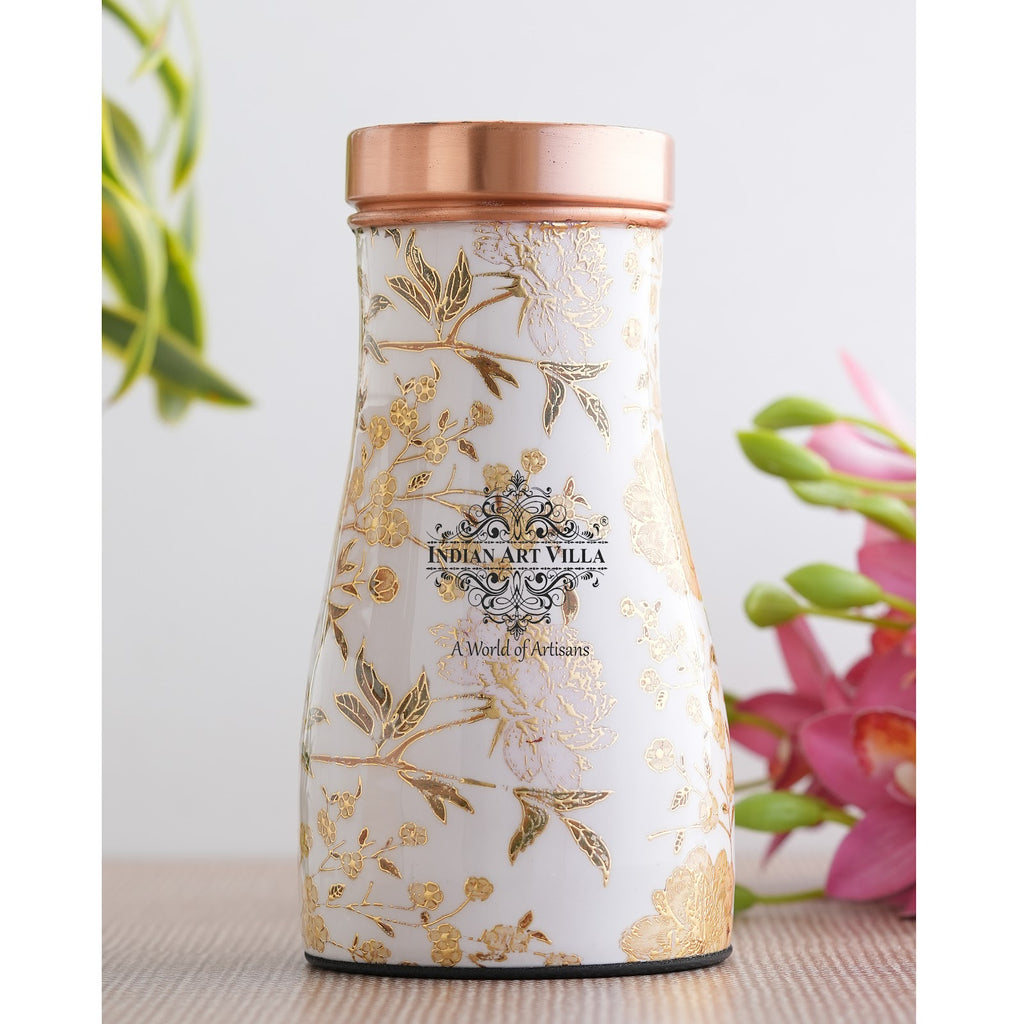 Indian Art Villa Handcrafted Pure Copper Gold Print Design Bedroom Bottle, Good For Health, Ayurveda, 850ml