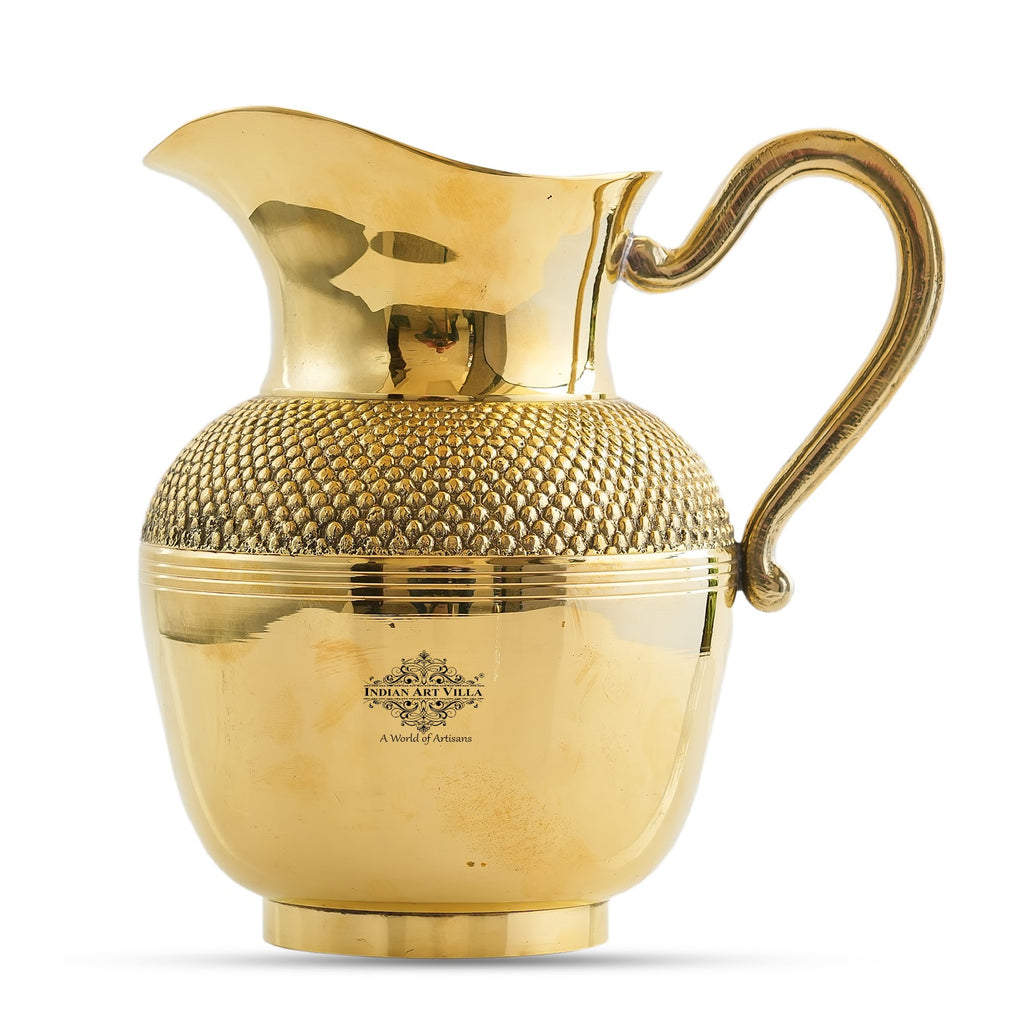 Indian Art Villa Pure Brass Jug Gold Shine Finish Dana Design, Lead Free, Drinkware, 1200 ml