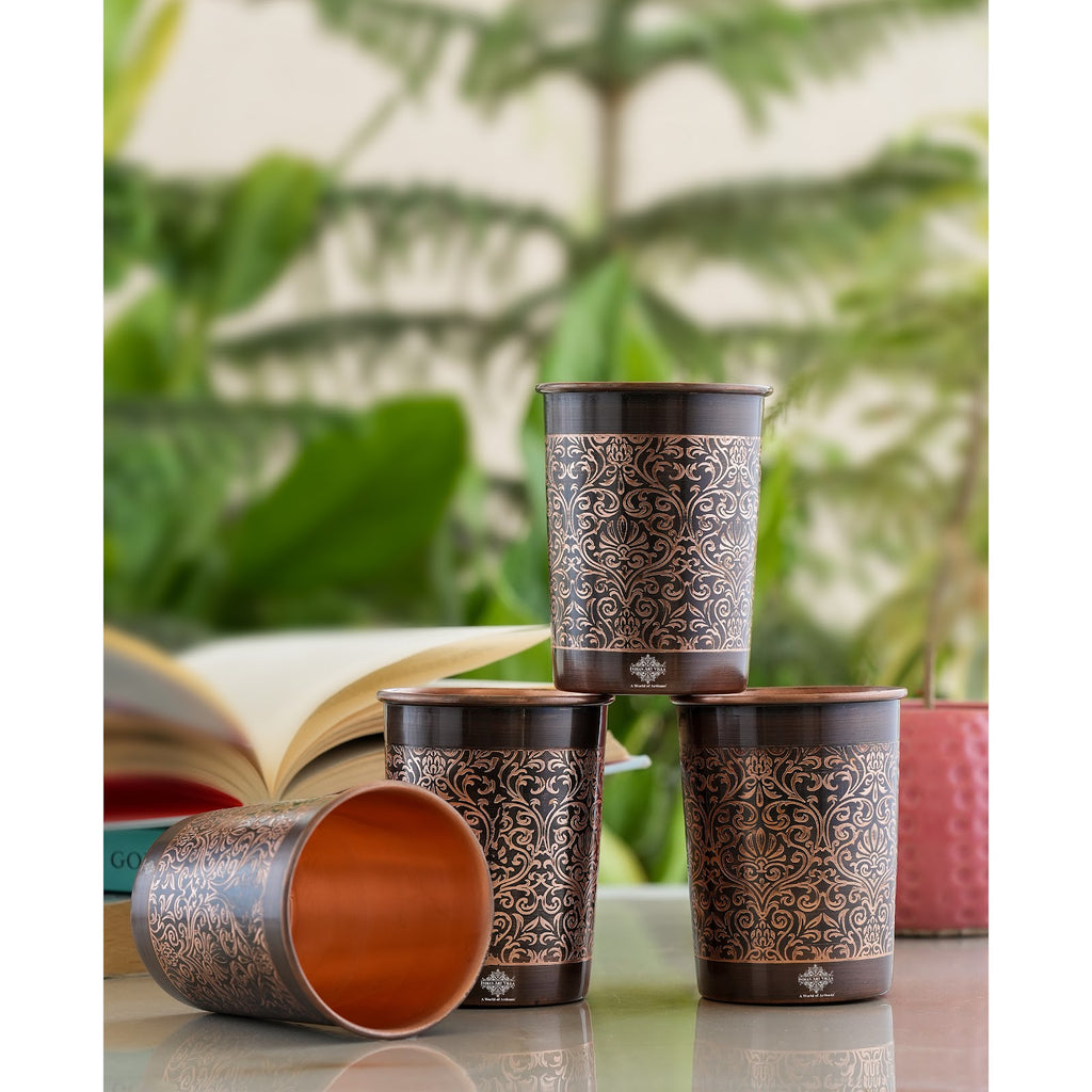 Indian Art Villa Handcrafted Pure Copper Glass, Dark Embossed Design, Drinkware, Serveware