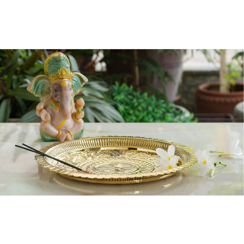 Indian Art Villa Pure Brass Flower Design Pooja Thali Plate,Poojan Temple Home