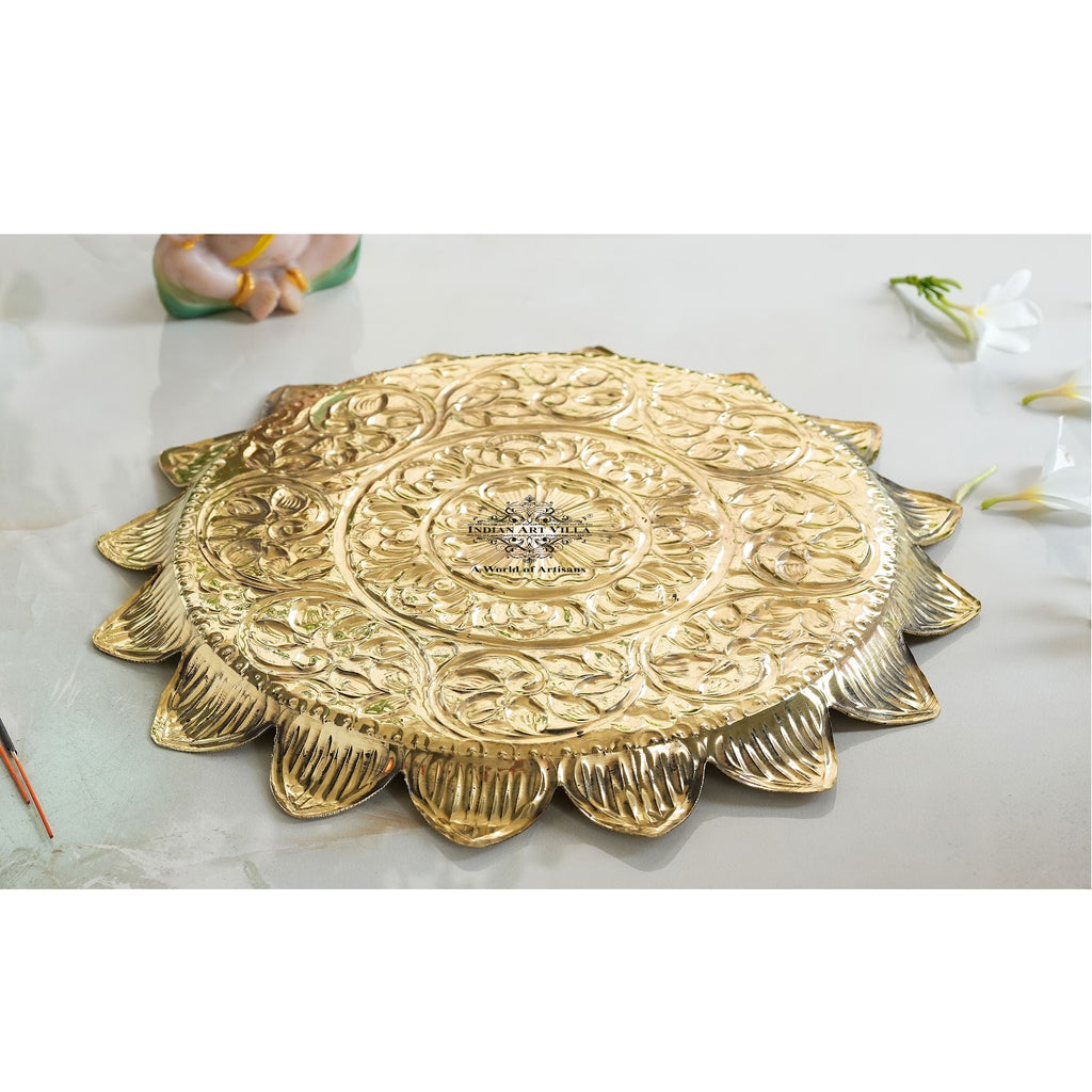 Indian Art Villa Pure Brass Sunflower Design Pooja Thali | Pooja Temple Home